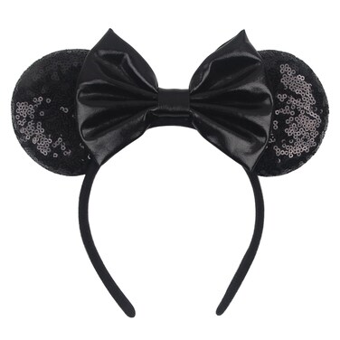 Mouse Ears Headband - Velvet Hair Bow Headwear with Sparkle Sequins for Women, Girls &amp; Boys (Black Bow)