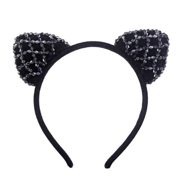 Black Crystal Cat Ears Headband Handmade Beaded Cat Headband Hair Hoop Accessories for Women Girls Party Decoration Headdress Cat Cosplay Costume