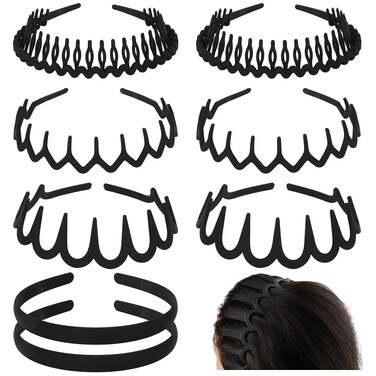Black Headbands for Women Non Slip 8 PCS Elastic Plastic Zig Zag Headband with Teeth Comb Hairband Head Bands for Women's Hair 90s Hair Accessories for Women Mens Teens Girls