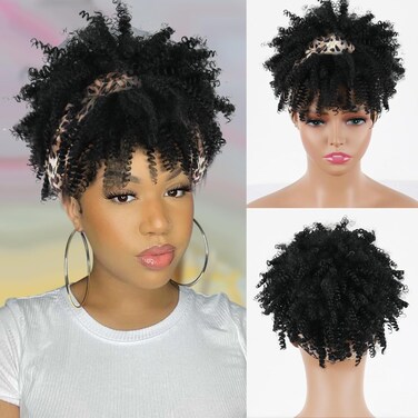 Black Short Afro Headband Wigs for Women Synthetic Afro Kinky Curly Headband Wig with Bangs for Black Women Natural Afro Puff with Bangs Turban Wrap-Wig