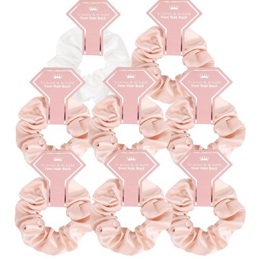 Satin Bridesmaid Scrunchies Bridesmaid Proposal Gifts Set of 8 Bachelorette Hair Ties Scrunchies Bachelorette Party Favors for Bridal Wedding Parties- (White &amp; Beige)