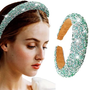 Rhinestone Wide Headbands Bling Crystal Beaded Headband Blue Padded Hairbands Handmade Fashionable Bling Prom Hair Accessories for Women (Blue)