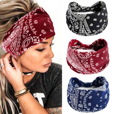 YBSHIN Boho Bandeau Headbands Black Wide Knot Hair Scarf Floral Printed Hair Band Elastic Turban Thick Head Wrap Stretch Fabric Cotton Head Bands Fashion Hair Accessories for Women Pack of 3 (A) (Set