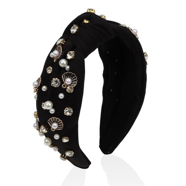Pearl Headbands for Women Rhinestone Headband Knotted Beaded Headband Jeweled Headbands Crystal Studded Headband Thick Black Headband Top Knot Womens Headbands Fashion Hair Accessories for Women Girls