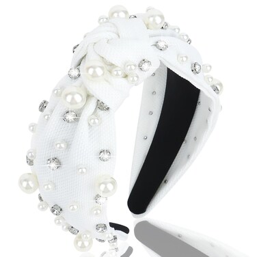 White Pearl Headband Knotted Headband For Women Rhinestone Headband Beaded Jeweled Headband for Women Wide Nnot Headband Thick White Headband Teacher Headbands Fashion Headbands for Women Girls