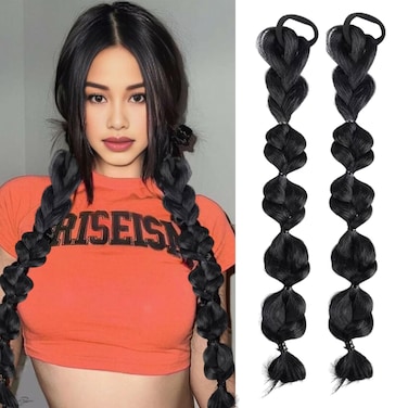 Bubble Ponytail Wig Synthetic Braided Extensions with Hair Ties Hair Band Hairpieces for Women Girls DIY Daily Wear Hair Accessories (black)