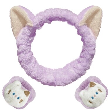 WHAVEL 3PCS Spa Headband and Wristband Set, Cute Cat Ears Headband for Washing Face Makeup Headband Face Wash Headband Wrist Bands(Purple)