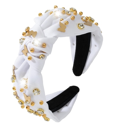 Butterfly Knotted Jeweled Headband Rhinestone Crystal Embellished Hot Pink Blue Black White Hairband Top Women Knot Headbands Summer Luxury Fashion Wide Ladies Hair Accessories for women(White)