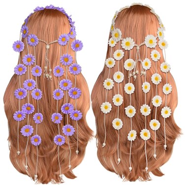 Sucrain 2pcs Flower Hippie Headband Floral Crown Summer Sunflower Hair Accessories for 70 s Bohemian Costumes Style (Beige+Purple)