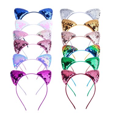 12 Cat Ear Headbands, Sequin Headwear Hair Band Party Decoration Cosplay for Girls Women