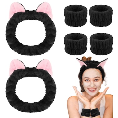 Cat Ears Spa Headband Wristband Set Animal Skincare Headband Funny Makeup Headband for Washing Face Fluffy Elastic Face Wash Hair Band for Women Girls Cute Trendy Stuff (Black)