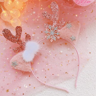 DIUEWOW Reindeer Antlers Headband Christmas Deer Horn Ears Head Band Glitter Pink Hair Hoop Snowflake Deer Antler Headpiece Elk Antler Cat Headdress Christmas Headband for Women Girl Hair Accessories