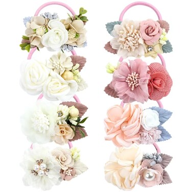 Cinaci 8 Pack Decorative Pearl Flower Hair Ties Rubber Bands Floral Ponytail Holders Hair Scrunchies Ropes Elastics Accessories for Toddlers Kids Teens Girls
