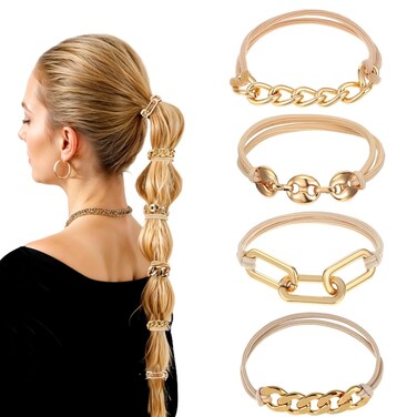 Ouligay 4 Pcs Gold Hair Ties,Metal Hair Tie Bracelets for Women,Elastic Gold Ponytail Holders with Metal Chain,No Damage Scrunchies with Gold Jewelry,Gold Hair Accessories for Women