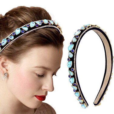 Baroque Jewelled Headbands for Women Blue Thin Hairbands Crystal Rhinestones Hair Bands Black Velvet Headpiece Fashion Embellished Headbands (BAROQUE)