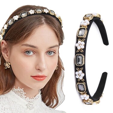 Thin Baroque Black Headbands for Women Pearl Rhinestone Hairbands with Gold Leaf Diamond Head Band Bejeweled Headbands (FASHION)