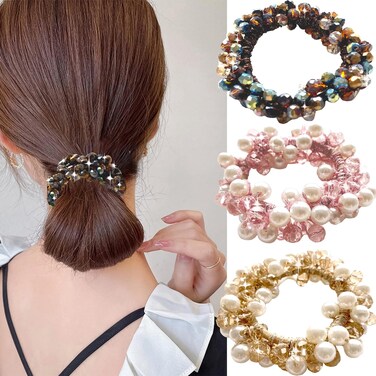 Crystal and Pearl Hair Scrunchies, Trendy Elastic Hair Ties for Girls, Stretchy Hair Bands for Ponytail, Bun, 3pcs