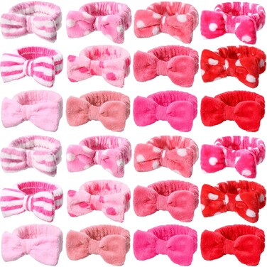 WILLBOND 24 Pack Spa Headband Bow Hairband Facial Makeup Women Face Wash Adjustable Skincare Headbands Flannel Towel Soft Head Wraps for Women Shower Washing Face(Cute Pattern)