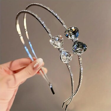 Metal Headbands for Women Fashion Rhinestone Headband with Bow, Crystal Thin Head Bands for Teen Girls Cute Womens Headbands, 2PCS Girls Trendy Stuff Designer Hair Accessories, White &amp; Black