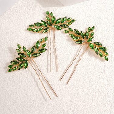 Crystal Rhinestone Hair Piece for Bridal Headband - Teardrop Hair Pins and Accessories for Flower Girls (3PCS) (GREEN)