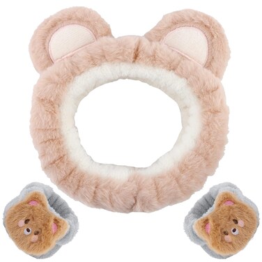 WHAVEL Hairband 3Pcs, Spa Headband and Wristband Set with Cute Bear Ears, Face Wash Headband Facial Headband Wrist Bands for Women, Girls (Coffee 01)