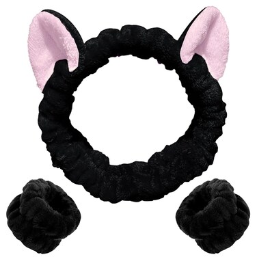 WHAVEL 3PCS Spa Set, Cute Cat Ears Headband &amp; Wrist Bands (Black)