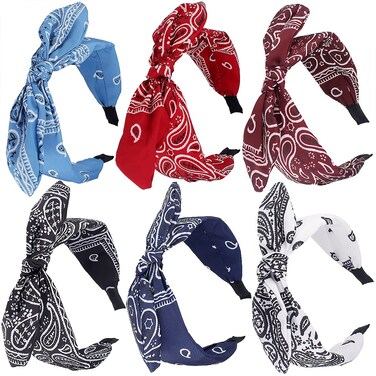 TOBATOBA Headband, 6Pcs Bandana Knotted Bow Headbands for Women, Paisley Headband with Removable Rabbit Ears, Top Knot Headband, Turban Headbands, Hair Band for Women Girls
