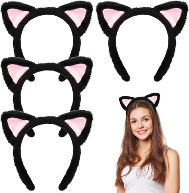WXJ13 4 Pieces Cat Ears Headbands, Plush Soft Ears, Black Cat Ears for Makeup, Shower, Cosplay, Black