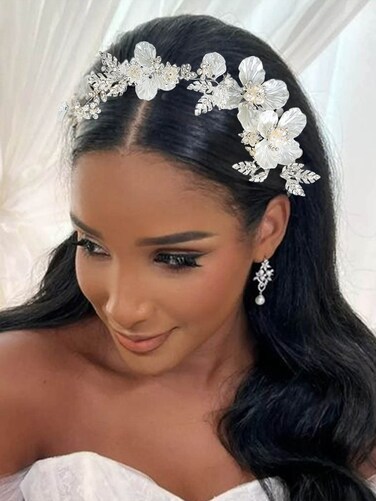 Catery Flower Bride Wedding Headband Silver Leaf Hair Vine Pieces Floral Bridal Headpiece Accessories for Women and Girls