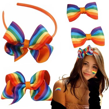 Rainbow Hair Headband Pride Day Hair Bow with Clip Candy Hair Accessories for Women Girls Rainbow Accessories for Party (4 PCS)