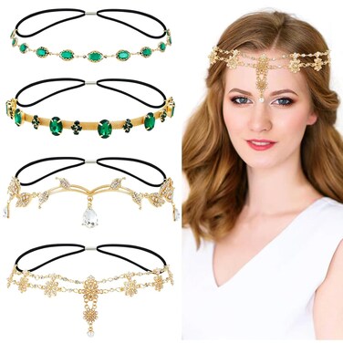 4 Pieces Crystal Rhinestone Gems Jewelry Head Chains Boho Headbands Forehead Chains with Rubber Bands Prom Party Accessories Headpieces for Women Girls