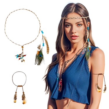 DOCILA Feather Headband Wrist Bands Set Women Boho 60s 70s Outfits Hippie Hairband Bracelets Indian Pocahontas Costume Hair Accessories