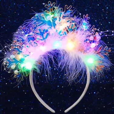DRESBE Christmas Light Up Snowflake Headband LED Feather Pearl Headbands Glow Xmas Hair Accessories for Women