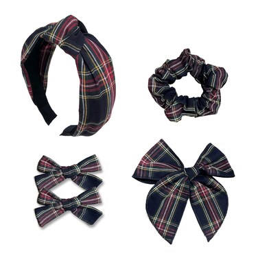 5 Pcs Plaid Headband with Hair Knotted Scrunchies Bow, Plaid Headbands for Women, Christmas Hair Bows Set, Padded Headband, Holiday Headband, Christmas Hair Clips Accessories for Girls (Black)