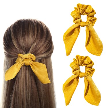 AEGYPIUS 2Pcs Silk Hair Ties, Hair Bows for Women, Butterfly Bow Scrunchies - Ideal for Parties &amp; Everyday Use - Yellow