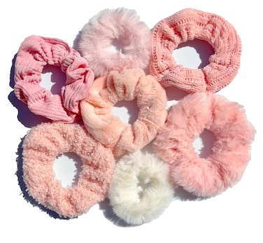 Plush Scrunchie Set, 7 Pcs, Pom Pom Hair Accessories, Soft Velvet Hair Bands, Hair Ties &amp; Scrunchies Holder, Stylish &amp; Versatile (pink)