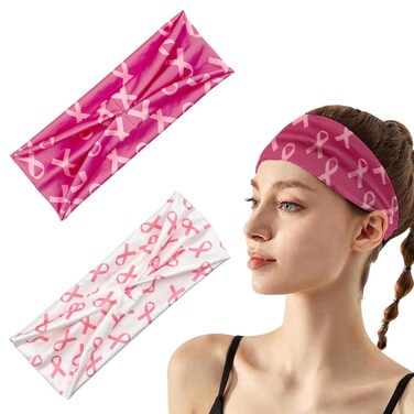Breast Cancer Awareness Headbands for Women and Girls - Pink Ribbon Hair Accessories, Elastic Wide Hair Bands for Yoga, Running, Non-Slip Sweat-Wicking Stretchy Hair Wraps (2 Colours)