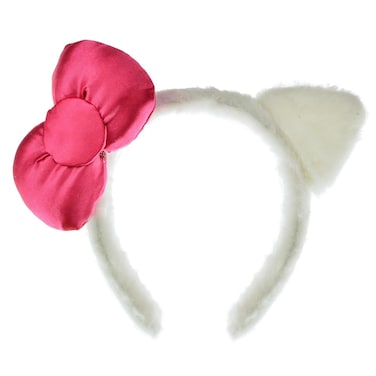 Merroyal Women Girls Cute White Cat Ears Headband with Pink Bow Hair Accessories for costumes and everyday wear (White and Rose, One Size)