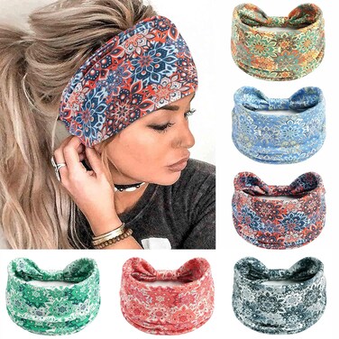 FULZTEY Boho Headbands Wide Head Bands for Women's Hair Fashion Floral Print Headwrap Thick Cloth Turban Elastic Workout Yoga Hairband Large African Knotted Bandanas for Hair Accessories 6Pcs
