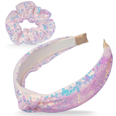 TULOBI Pink Sequin Headband Hair Scrunchies Set Glitter Headbands for Girl Cute Wide Headband Sparkly Iridescent Hairband Fashion Hair Accessories Stuff for Teen Girls Women - Pink