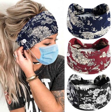 Boho Button Headband Wide Knotted Hairbands Stretch Nurse Headbands Women Head Wraps Workout Ear Saver Hair Band Leopard Turban Headwear Yoga Hair Accessories for Women 3 Pcs (Set I)
