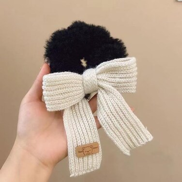 Fuzzy Scrunchies Big Bow Hair Bands Soft Black White Elastic Hair Ties for Thick Thin Hair Cute Stretchy Hair Rope Kawaii Faux Fur Fluffy Hair Ponytail Holders Hair Accessories for Women Girls