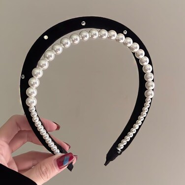 Black Headbands for Women Girls Double Layer Pearl Velvet Headbands Non Slip Soft Thick Padded Headband Sparkly Fall Turban Headband No Teeth Head Bands Hoops Headwear Styling Tools Accessories