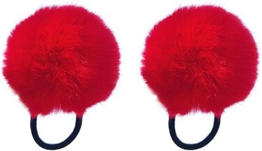 ECYC Pom Hair Ties, 2 Pcs Cute Pompom Hair Bands Fluffy Ponytail Holders for Women Girls, Red