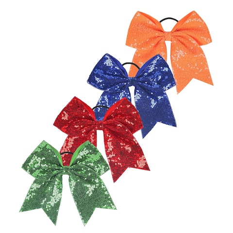 Nishine 4 PACK 8&quot; Girls Large Sequin Cheer Bows Teens Elastic Ponytail Holder Hair Bows Women Hair Band (Sapphire Pack)