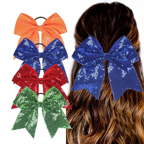 Nishine 4 PACK 8&quot; Girls Large Sequin Cheer Bows Teens Elastic Ponytail Holder Hair Bows Women Hair Band (Sapphire Pack)