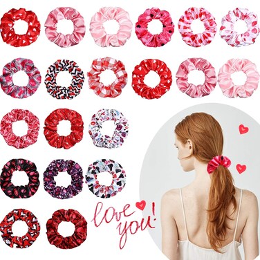 20 Pieces Valentine&lsquo;s Day Heart Scrunchies Hair Accessories Girls Love Print Scrunchie Soft Elastic Hair Bands Ponytail Holders Bride Scrunchie, 3.94 Inch
