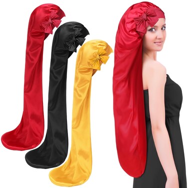 Geyoga 3 Pcs 35 inches Extra Long Satin Bonnet for Sleeping Silk hair Bonnet for Women with Tie Band Foldable Braids Hair sleep tie, Black, Wine Red and Gold