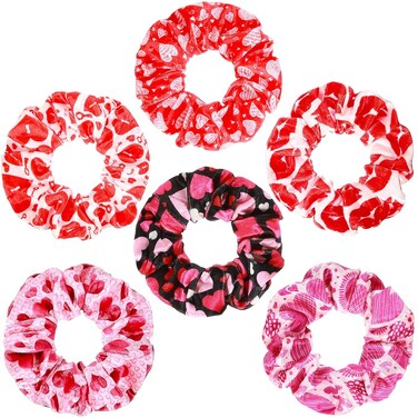 6 Pieces Valentine Hair Scrunchies Romantic Hair Bands Accessories Velvet Elastic Ponytail Holders Party Favors Valentine Ties for Girls Women