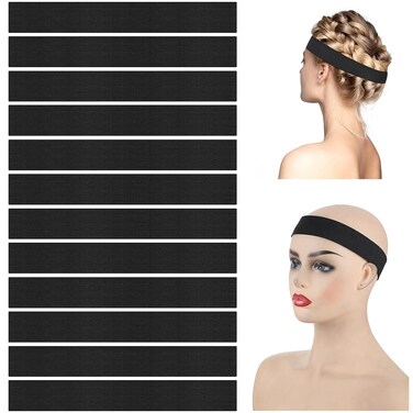WILLBOND 12 Pcs Elastic Bands for Wigs Adjustable Lace Melting Edge Wrap 1.2 x 23.6 Inch Black Wig Headband Bands for Lace Front
